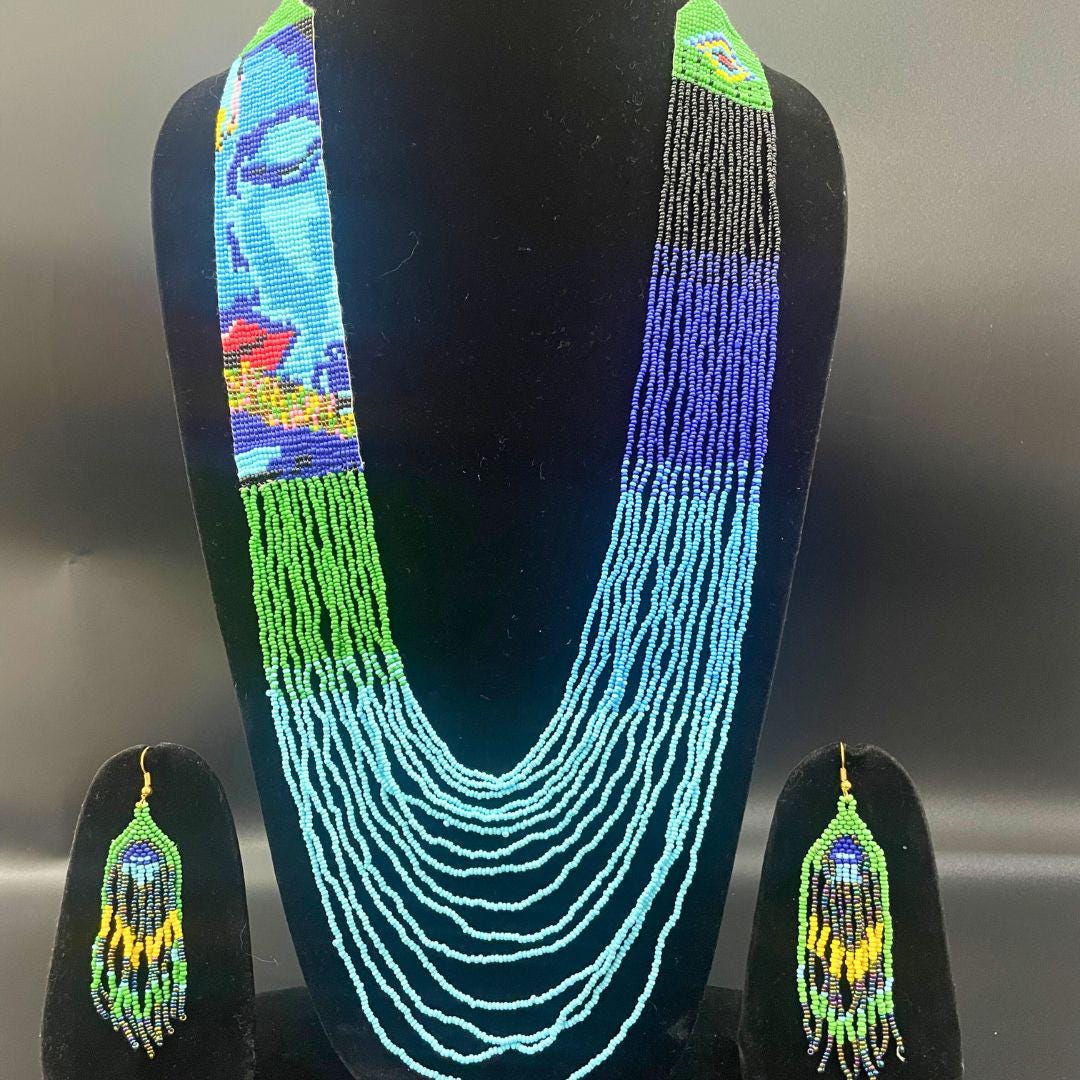 Beaded Long Necklace Statement Colorful Large Necklace For Women Boho Jewelry For Women Earring Dangle Fun Design Earring For Her Gift
