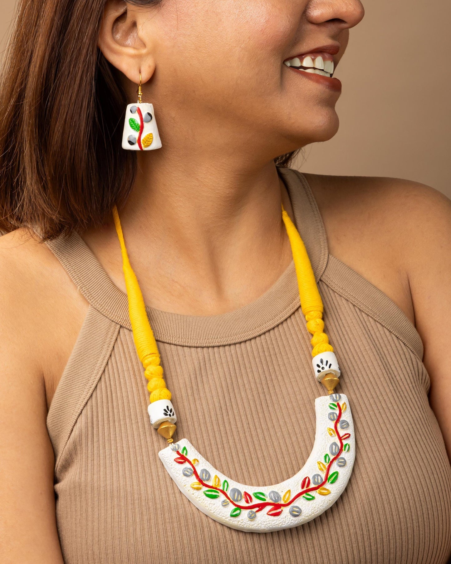 Geometric White Clay Jewelry Set with Colored Leaves  Handcrafted Dangle Earrings  Gifts for Her