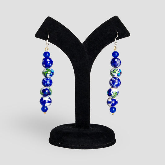 Long Dangle Blue White Floral Porcelain Earrings  Ceramic Floral Earrings  Gifts for Her