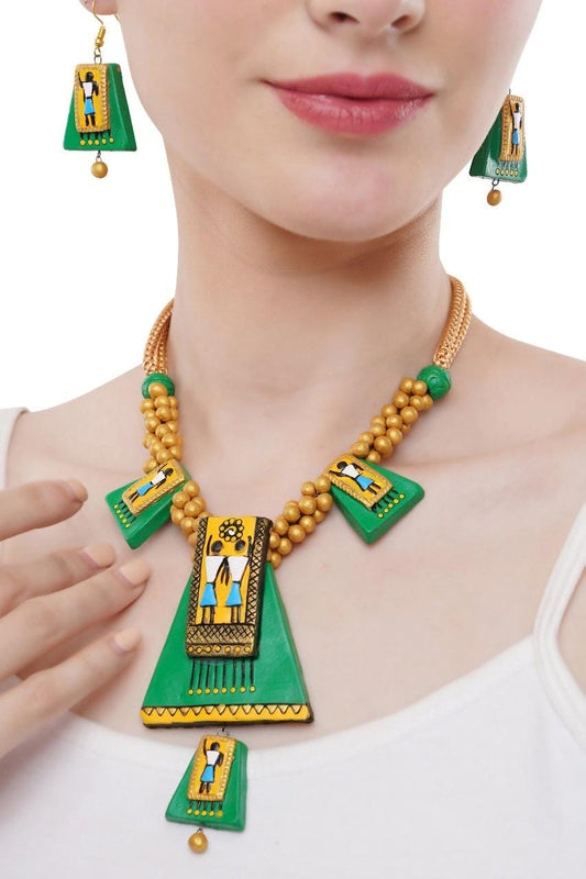 Green  Gold Egyptian Pyramid Necklace  Bold Handmade Tribal Jewelry  Statement Terracotta Necklace