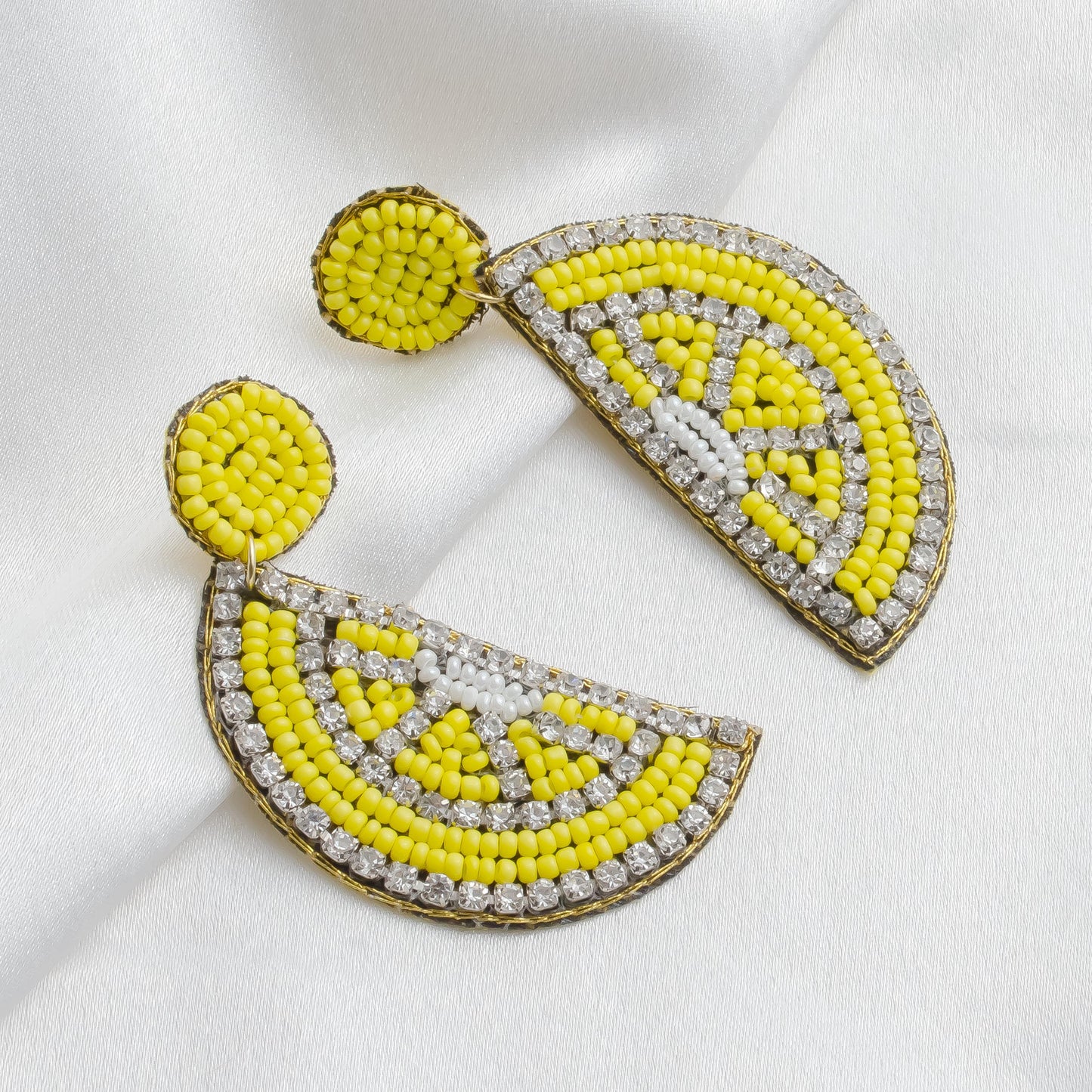 Yellow Lemon Beaded Embroidered Earrings  Boho Statement Jewelry  Unique Gift for Her