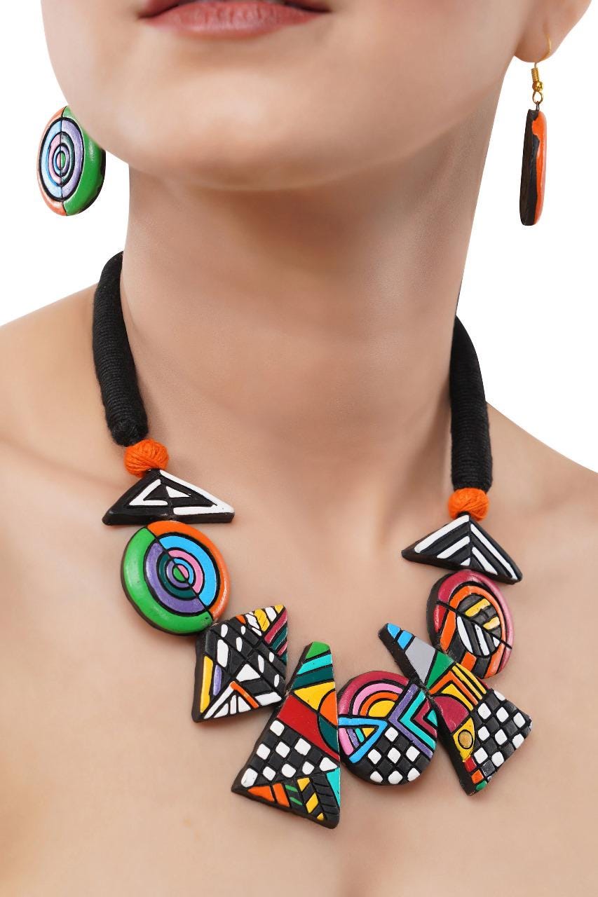 Geometric Necklace Set Handmade Jewelry Hand painted jewelry Clay Jewelry Terracotta Unique  Design, Necklace Set with Earrings