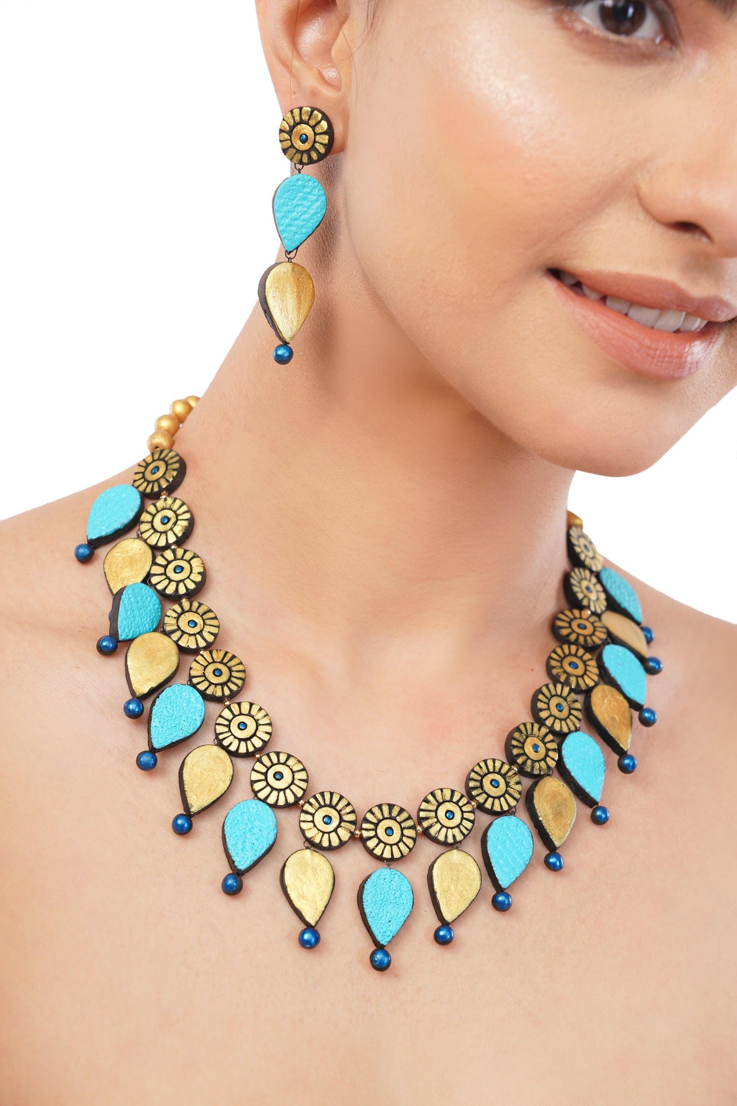 Blue And Golden Clay Jewelry Set  Minimalist Necklace And Dangling Earrings  Gift for Her