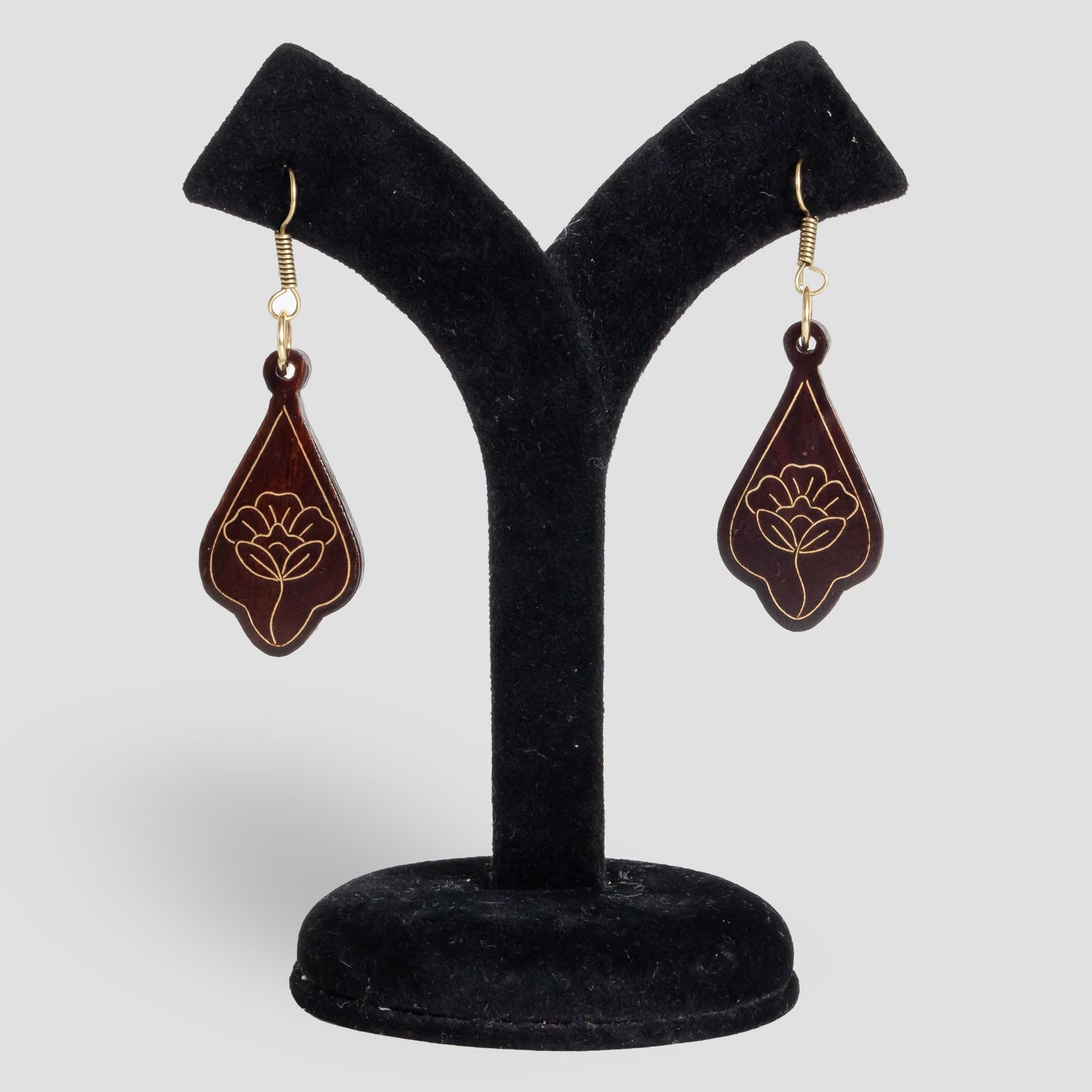 Beautiful Rose Wooden Metal Inlaid Dangle Earrings  Lightweight Floral Earrings