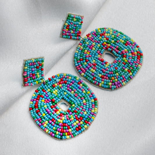 Blue And Multicolor Embroidered Beaded Earrings  Boho Statement Jewelry  Seed Bead Earrings  Gift for Her