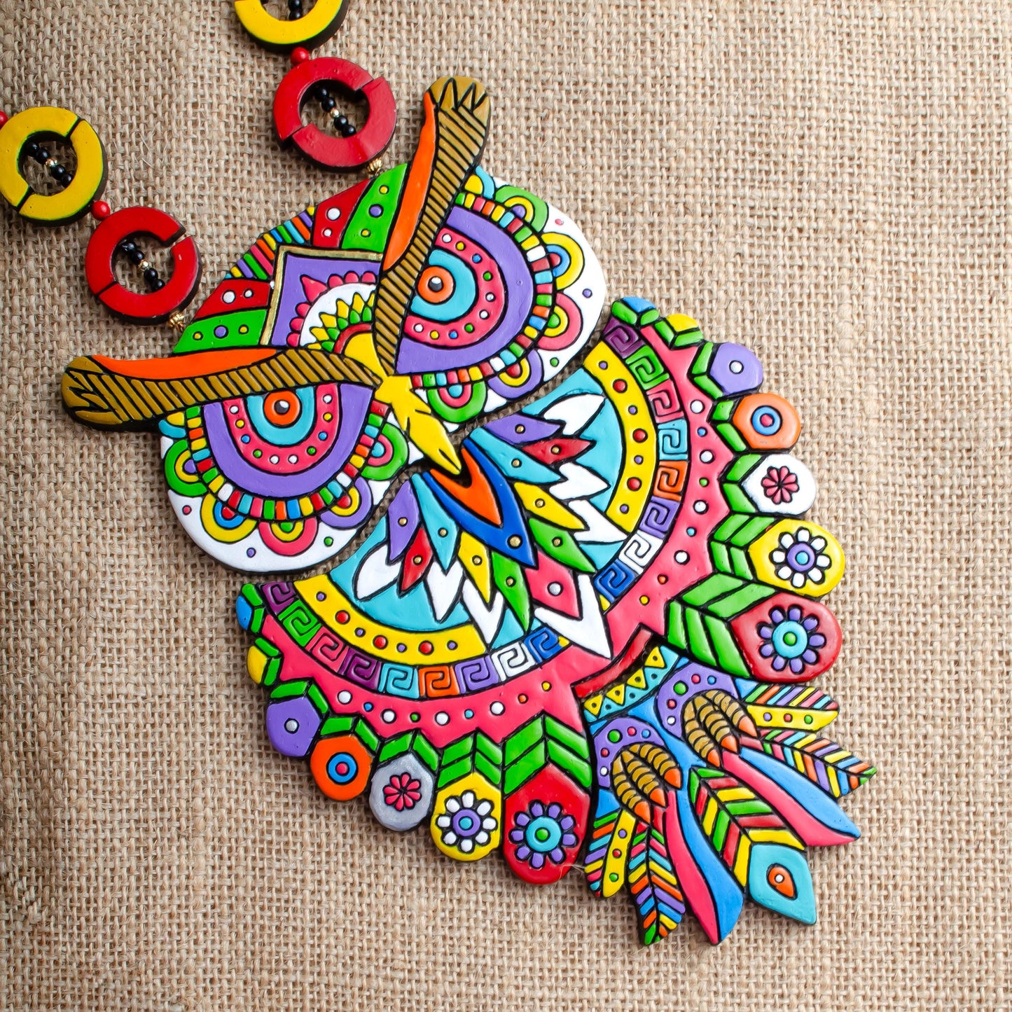 Hand painted Owl Necklace  Bright Rainbow Clay Jewelry  Boho Design  Unique Modern Jewelry