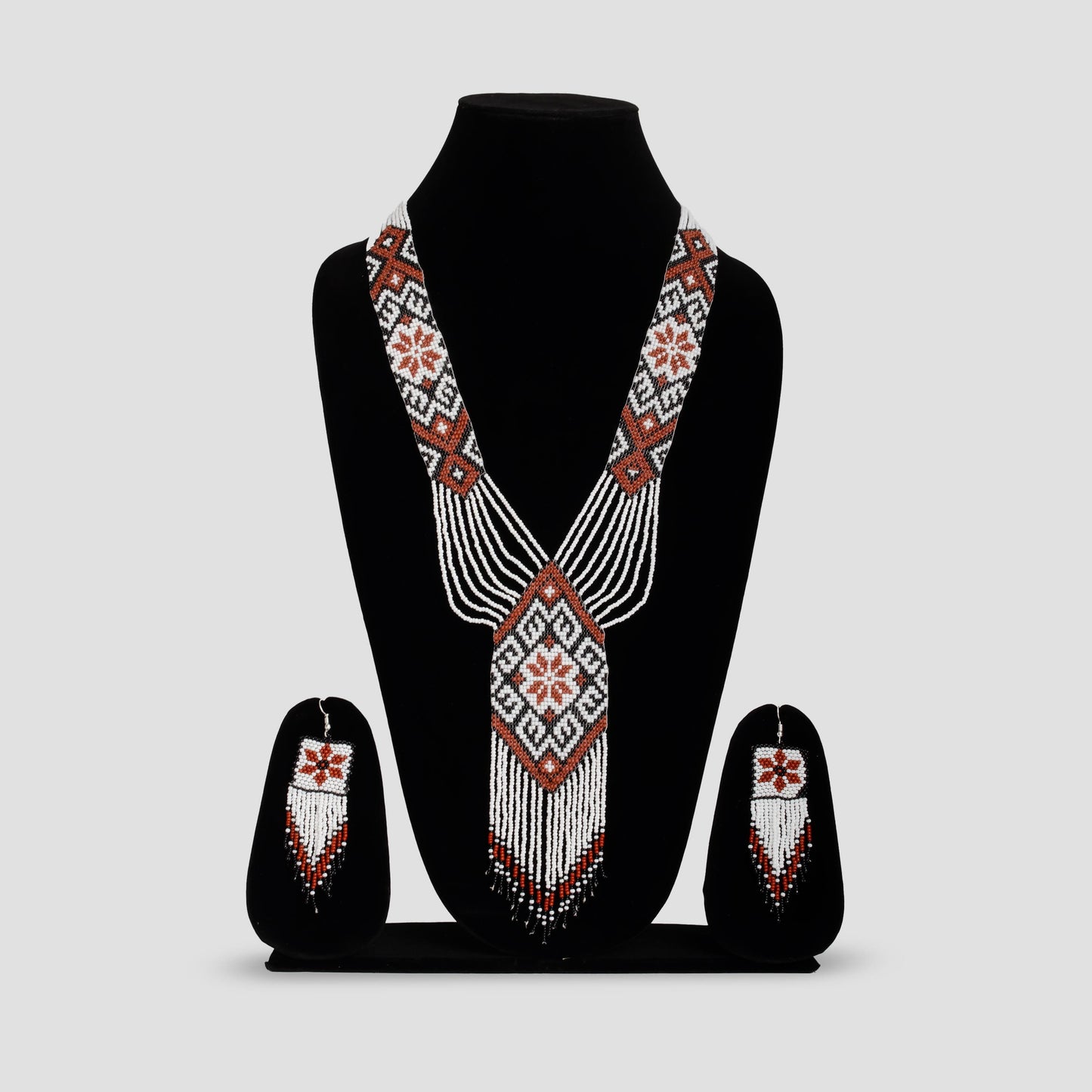 White  Brown Native American Seed Bead Jewelry Set  Handmade Necklace with Fringe Earrings