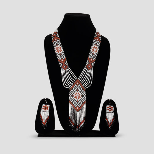 White  Brown Native American Seed Bead Jewelry Set  Handmade Necklace with Fringe Earrings