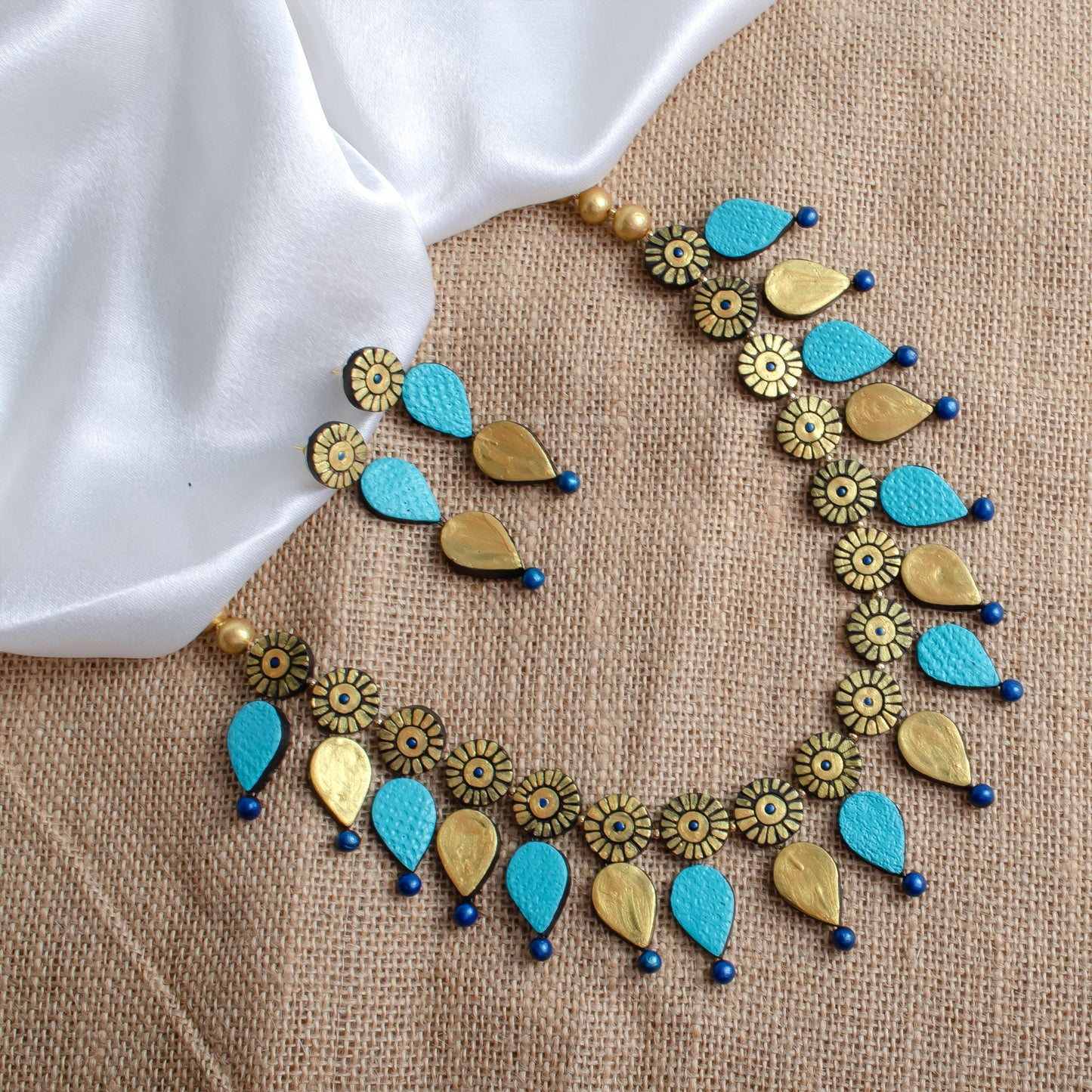 Blue And Golden Clay Jewelry Set  Minimalist Necklace And Dangling Earrings  Gift for Her