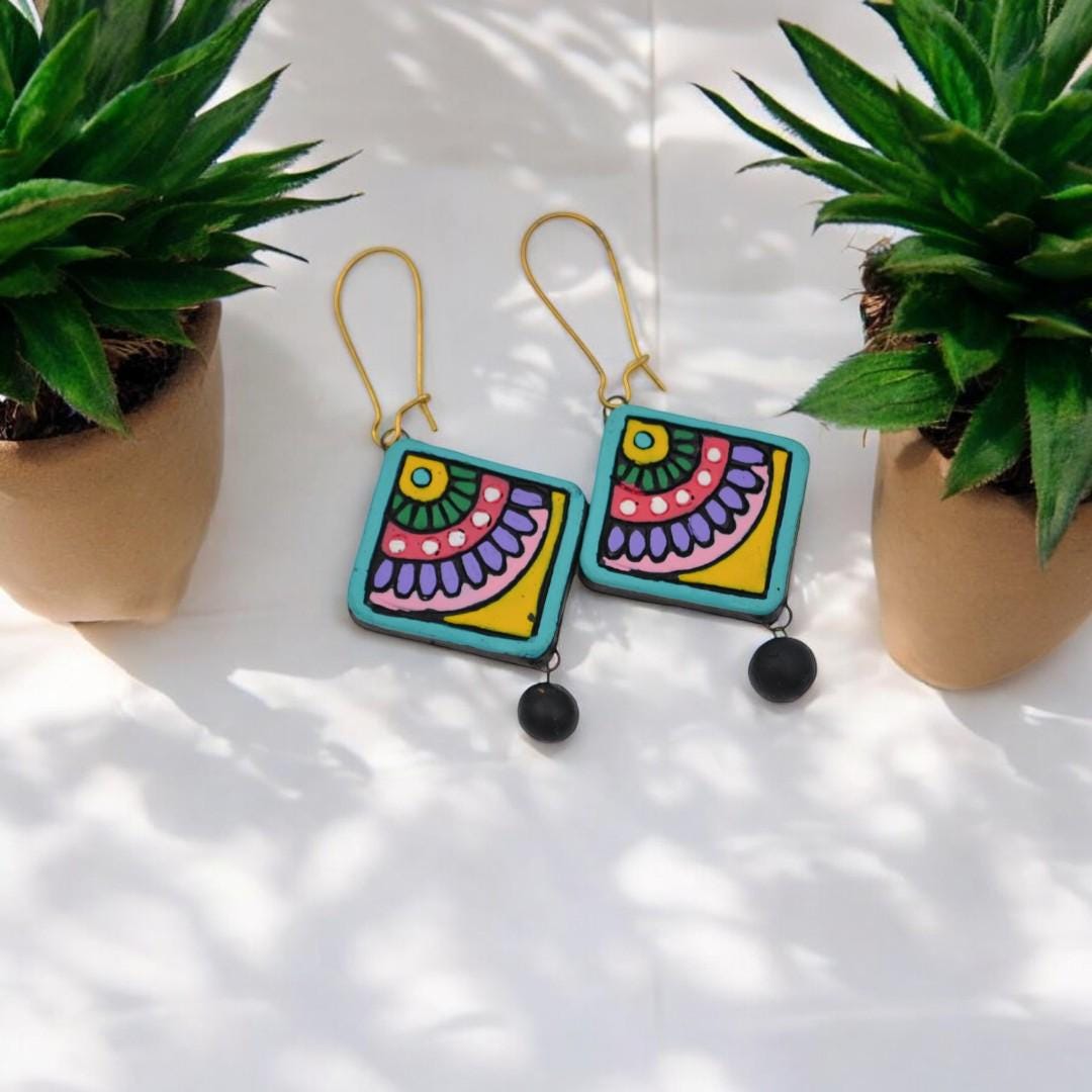Multi color Square Necklace  Nature-Inspired Art De co Jewelry  Handmade Jewelry with Lightweight Earrings