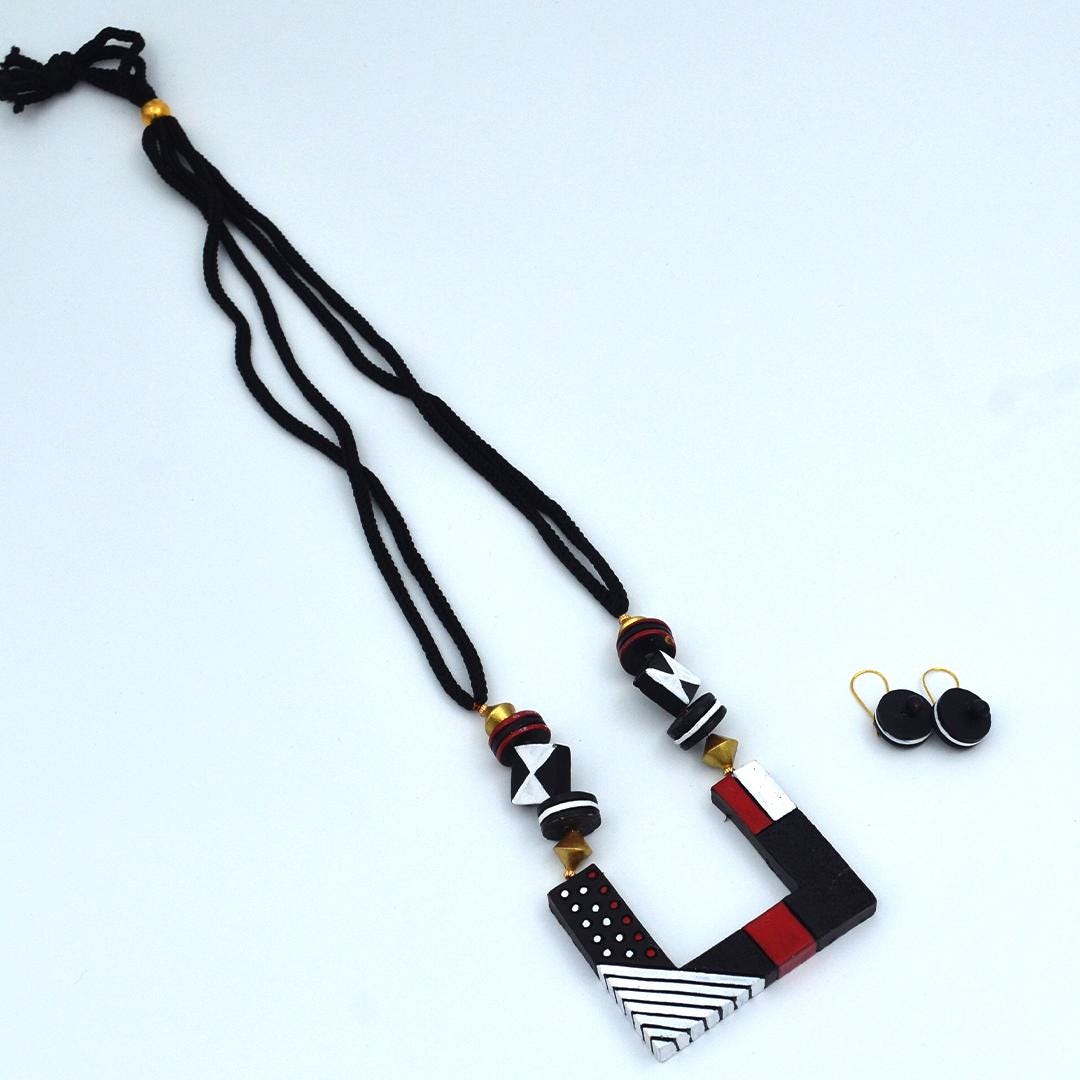 Black Geometric Terracotta Set  Boho Dangle Earrings  Handmade Geometric Jewelry