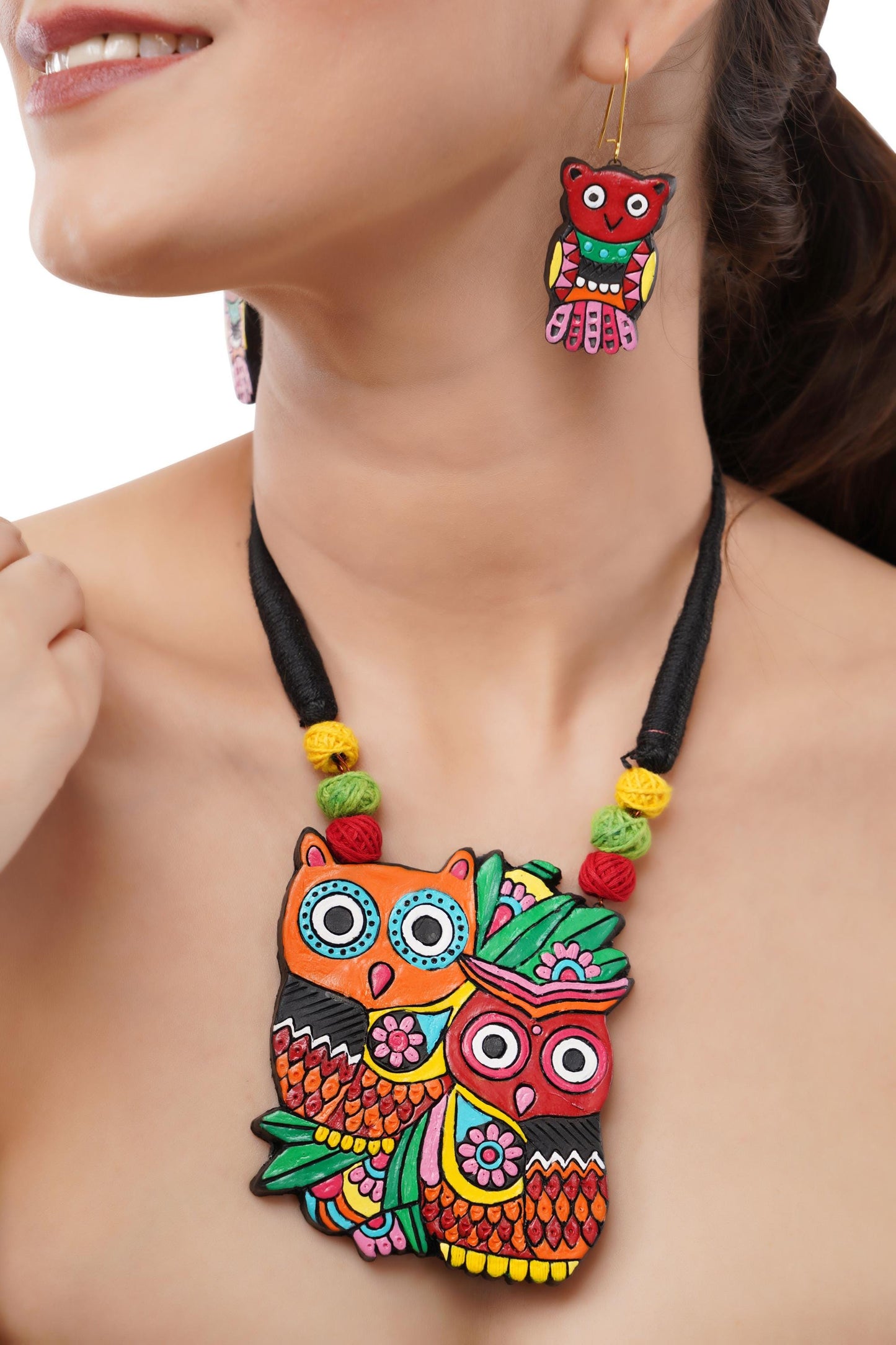 Mr. Owl and Mrs. Owl Necklace  Handmade Terracotta Jewelry  Nature Leaf Statement Earrings  Dainty Earrings