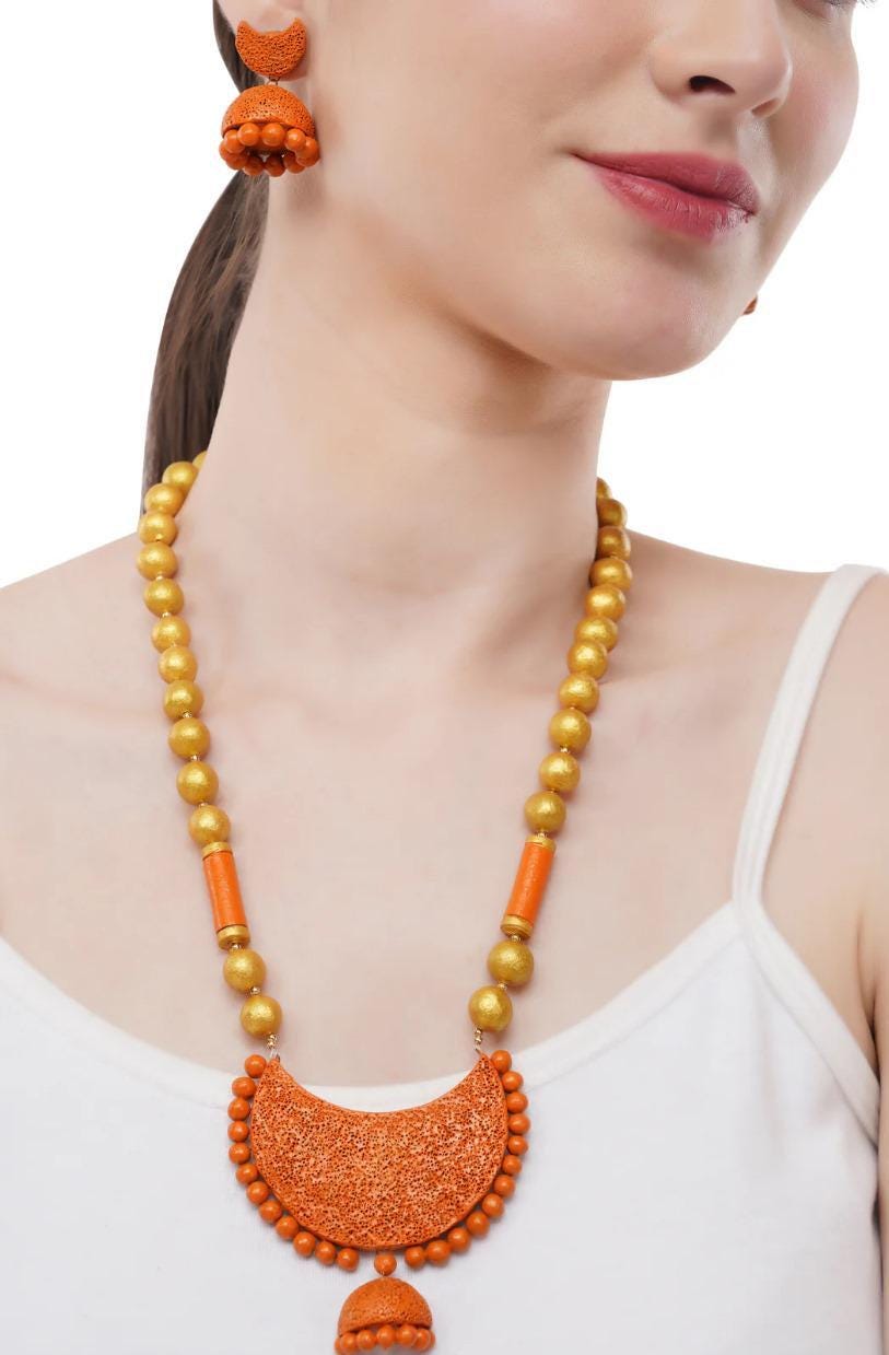 Half Moon Celestial Clay Jewelry Set  Dark Forest  Green And Orange  Handcrafted Women’s Earrings  Unique Jewelry