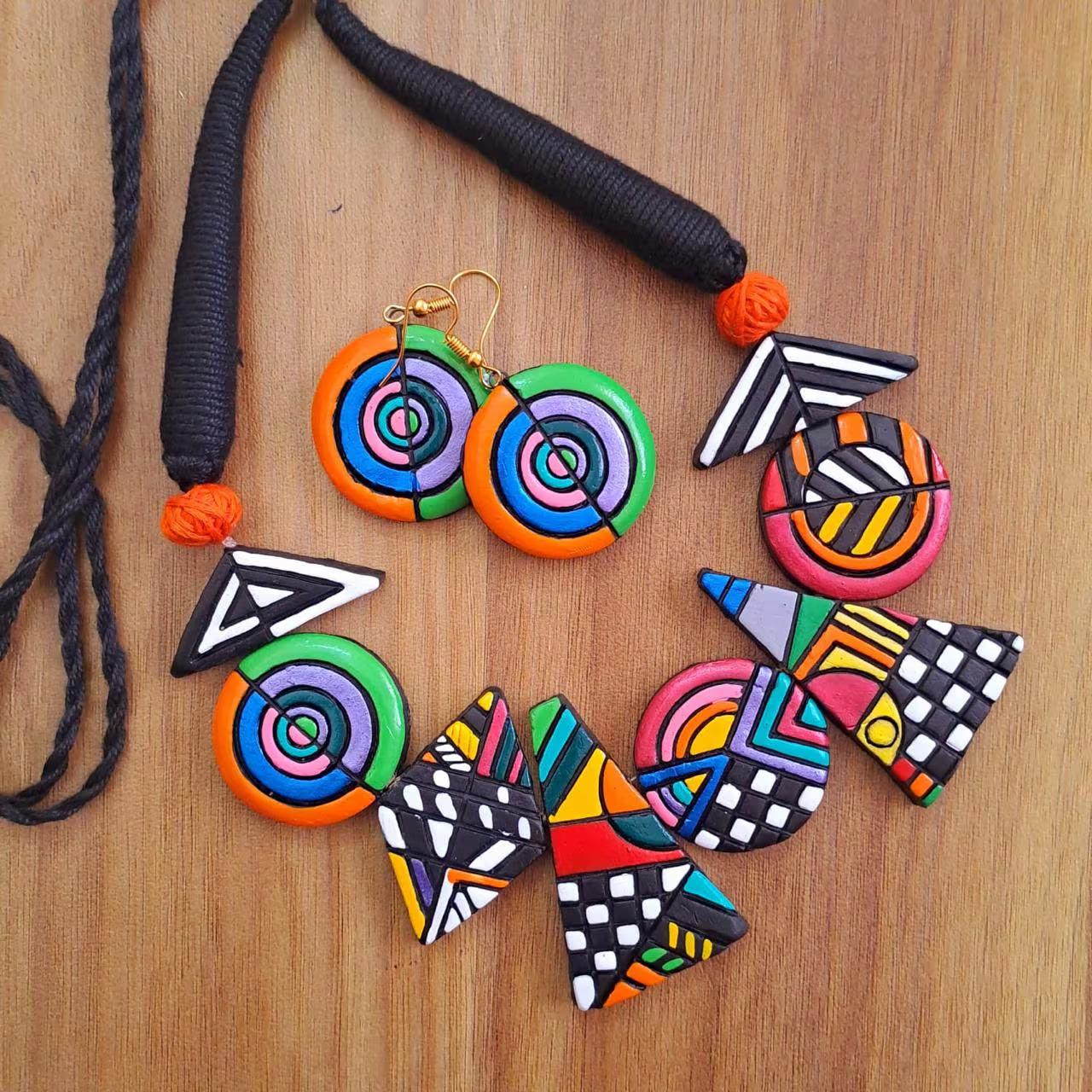 Geometric Necklace Set Handmade Jewelry Hand painted jewelry Clay Jewelry Terracotta Unique  Design, Necklace Set with Earrings