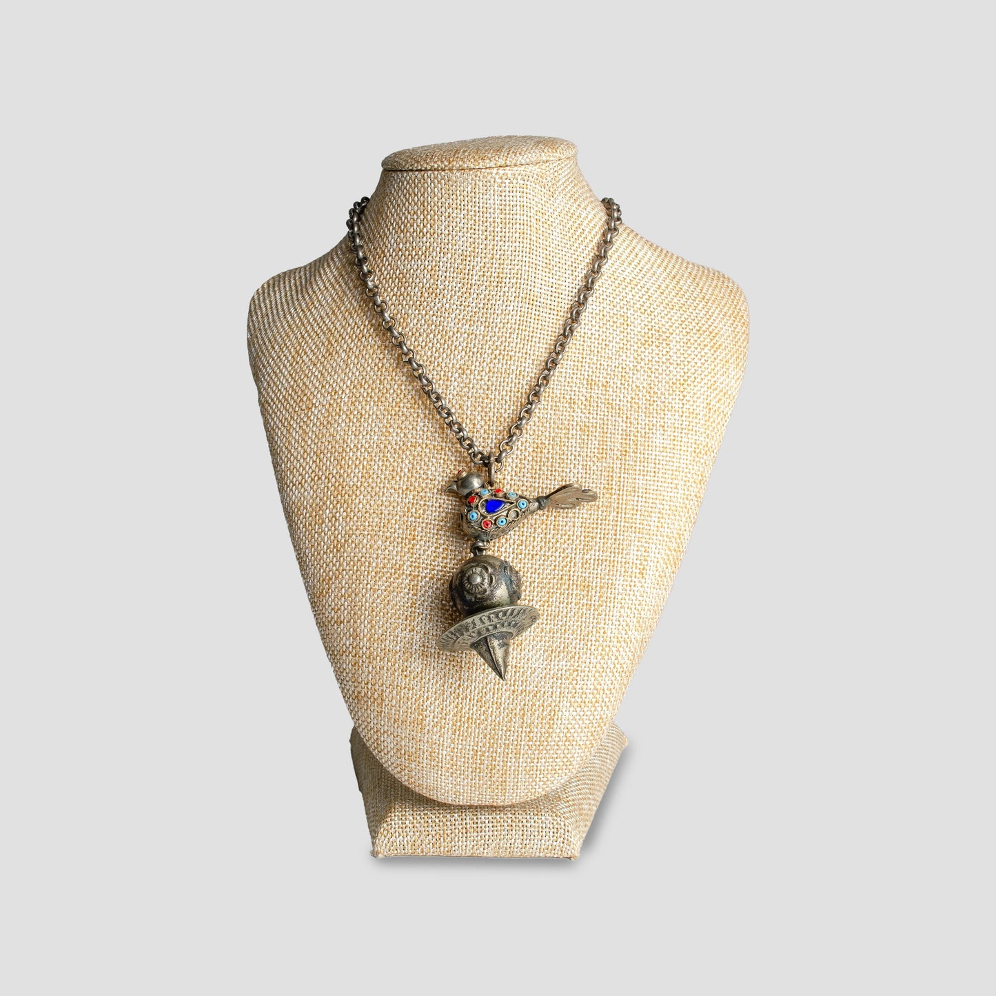 Vintage Afghan Jewelry Necklace with Bird  Glass Stone  Silver Afghan Bohemian Necklace  Boho Necklace