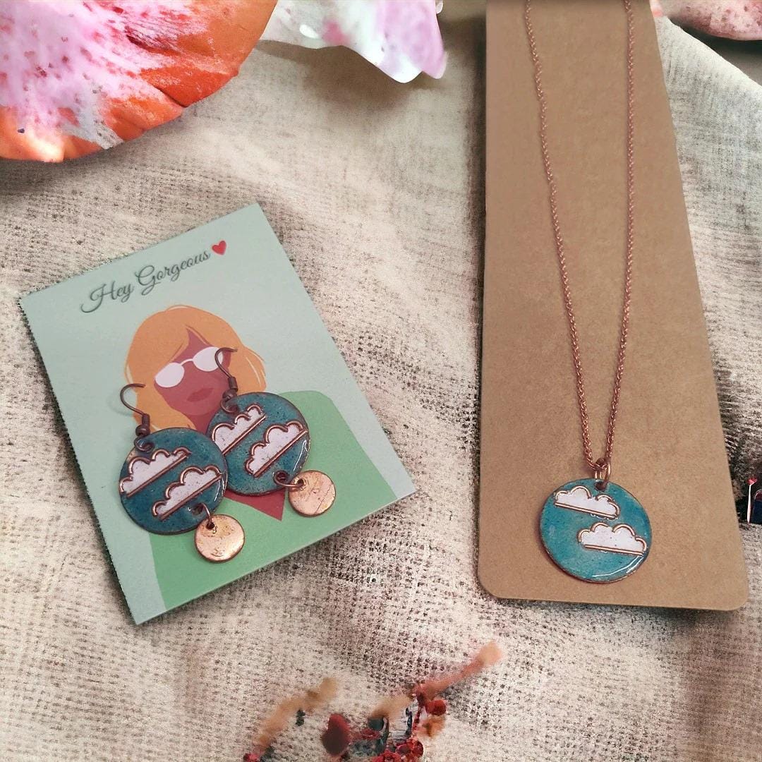 Copper Cloud Design Set  Everyday Earrings  Minimalist Necklace  Perfect Best Friend Gift