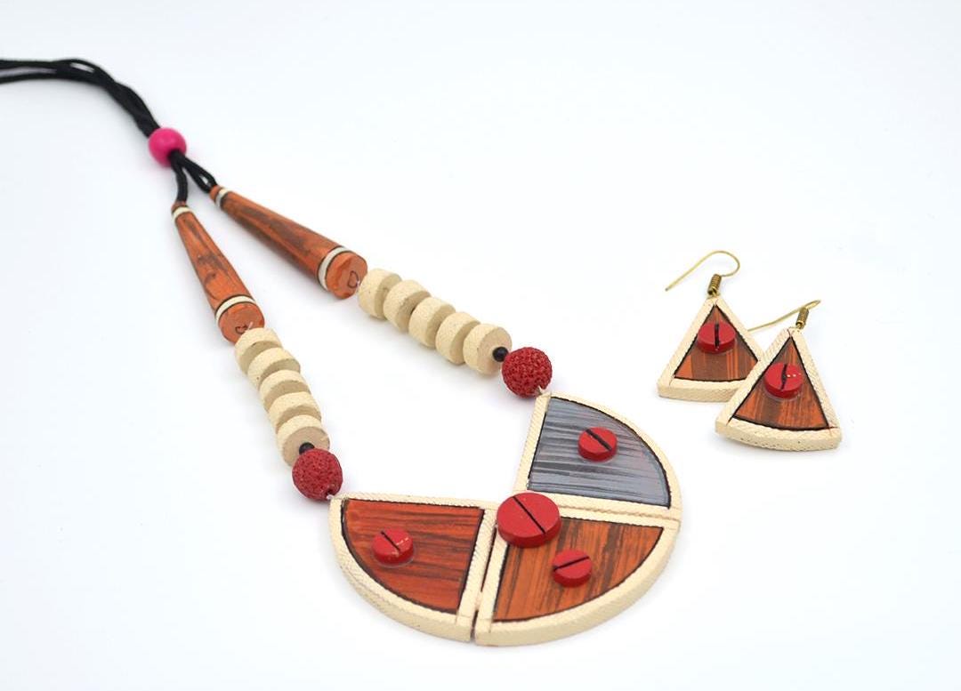TRIDAL Geometric Terracotta Set  Tribal Boho Jewelry  Handmade Statement Jewelry