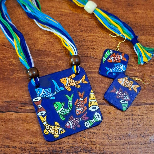 Square Clay Jewelry Set with Fish Design  Unique Dangling Earrings  Gifts for Women