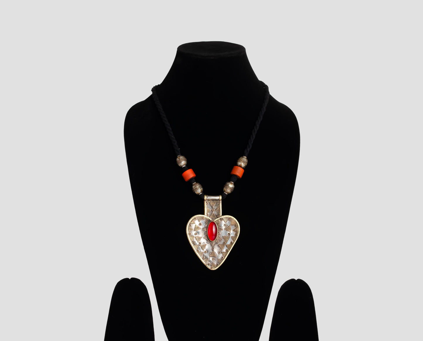 Vintage Afghan Red Glass Stone Bib Necklace  Boho Tribal Necklace  Gypsy Jewelry Statement Piece  Heart Shape