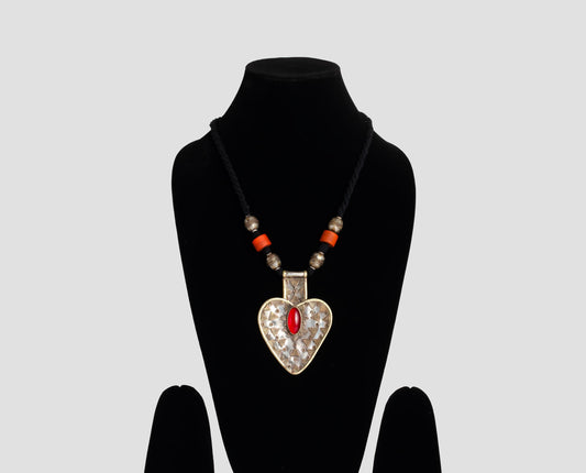Vintage Afghan Red Glass Stone Bib Necklace  Boho Tribal Necklace  Gypsy Jewelry Statement Piece  Heart Shape