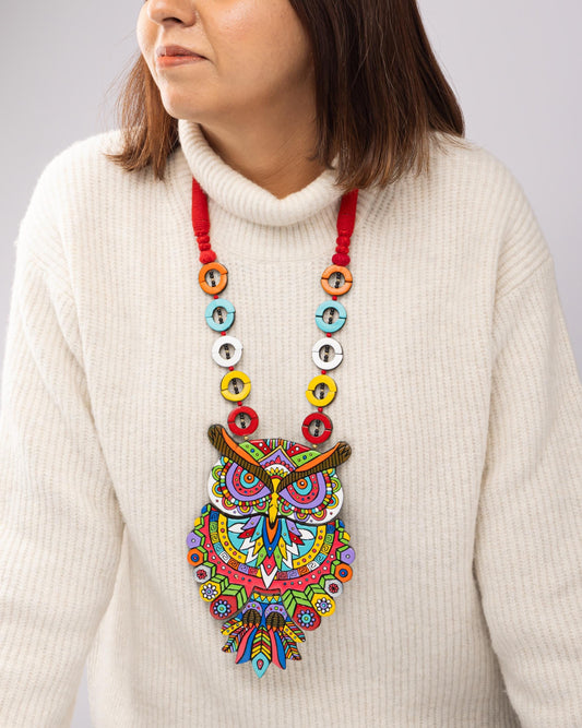 Hand painted Owl Necklace  Bright Rainbow Clay Jewelry  Boho Design  Unique Modern Jewelry
