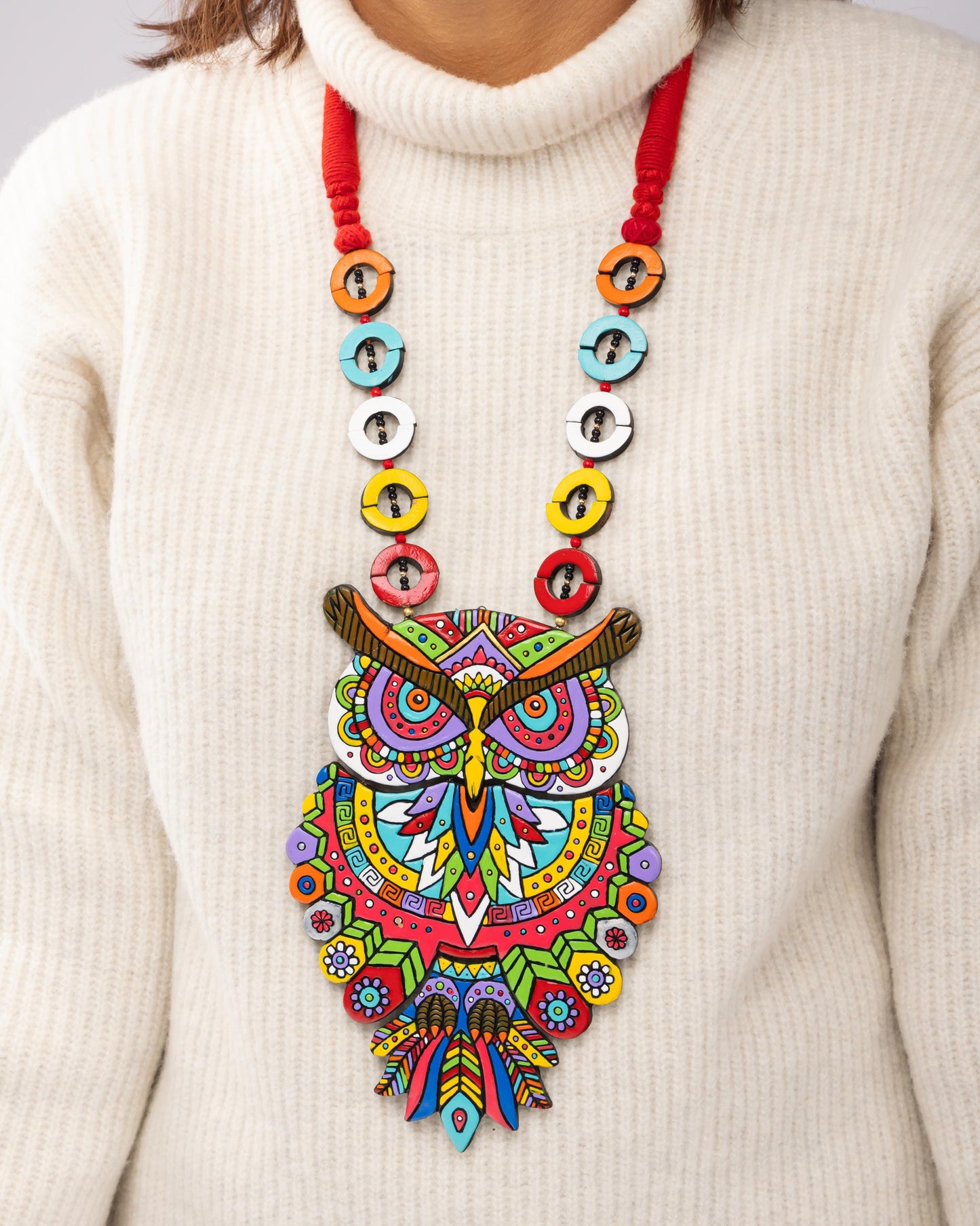 Hand painted Owl Necklace  Bright Rainbow Clay Jewelry  Boho Design  Unique Modern Jewelry
