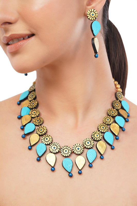 Blue And Golden Clay Jewelry Set  Minimalist Necklace And Dangling Earrings  Gift for Her
