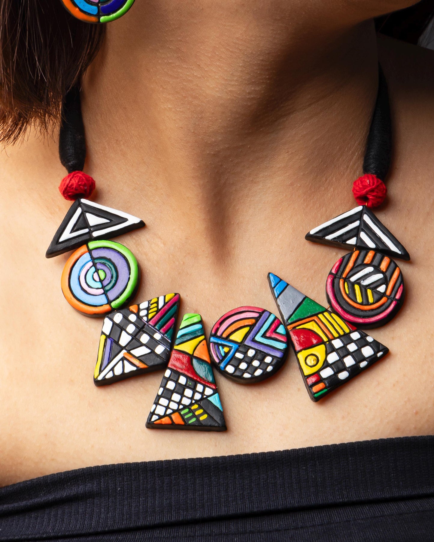 Geometric Necklace Set Handmade Jewelry Hand painted jewelry Clay Jewelry Terracotta Unique  Design, Necklace Set with Earrings