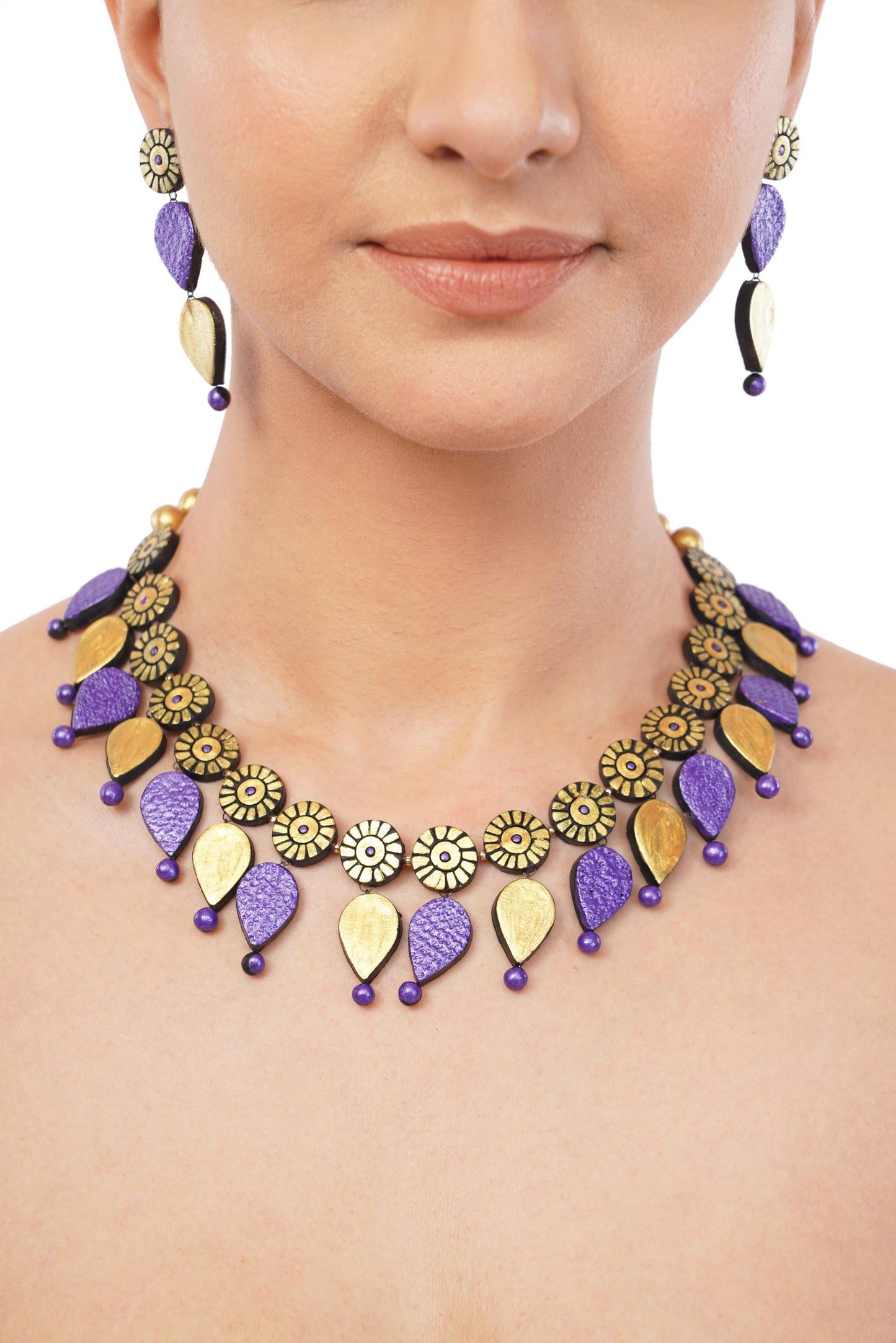 Purple And  Golden Clay Jewelry Set  Minimalist Necklace And Boho Dangle Earrings  Aesthetic Jewelry