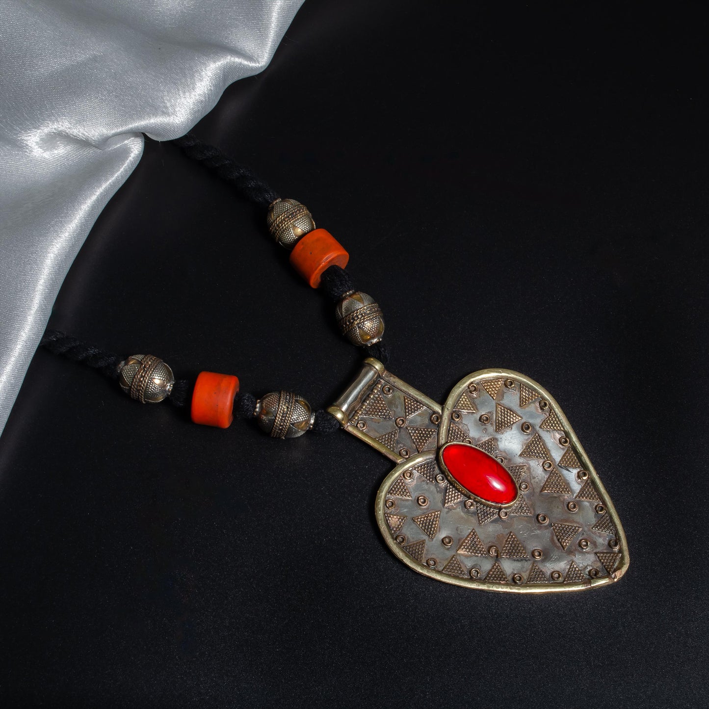 Vintage Afghan Red Glass Stone Bib Necklace  Boho Tribal Necklace  Gypsy Jewelry Statement Piece  Heart Shape