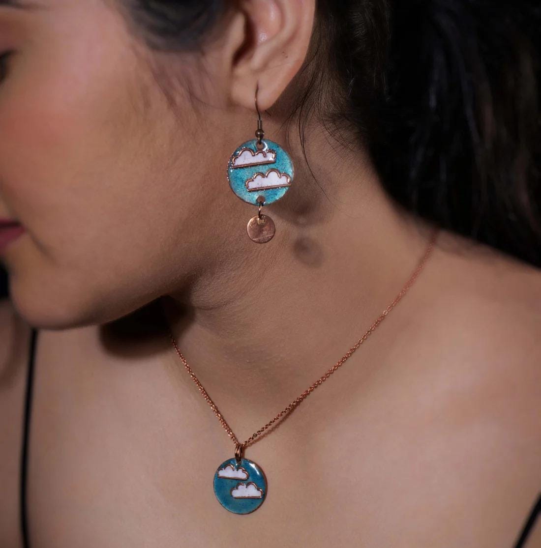 Copper Cloud Design Set  Everyday Earrings  Minimalist Necklace  Perfect Best Friend Gift