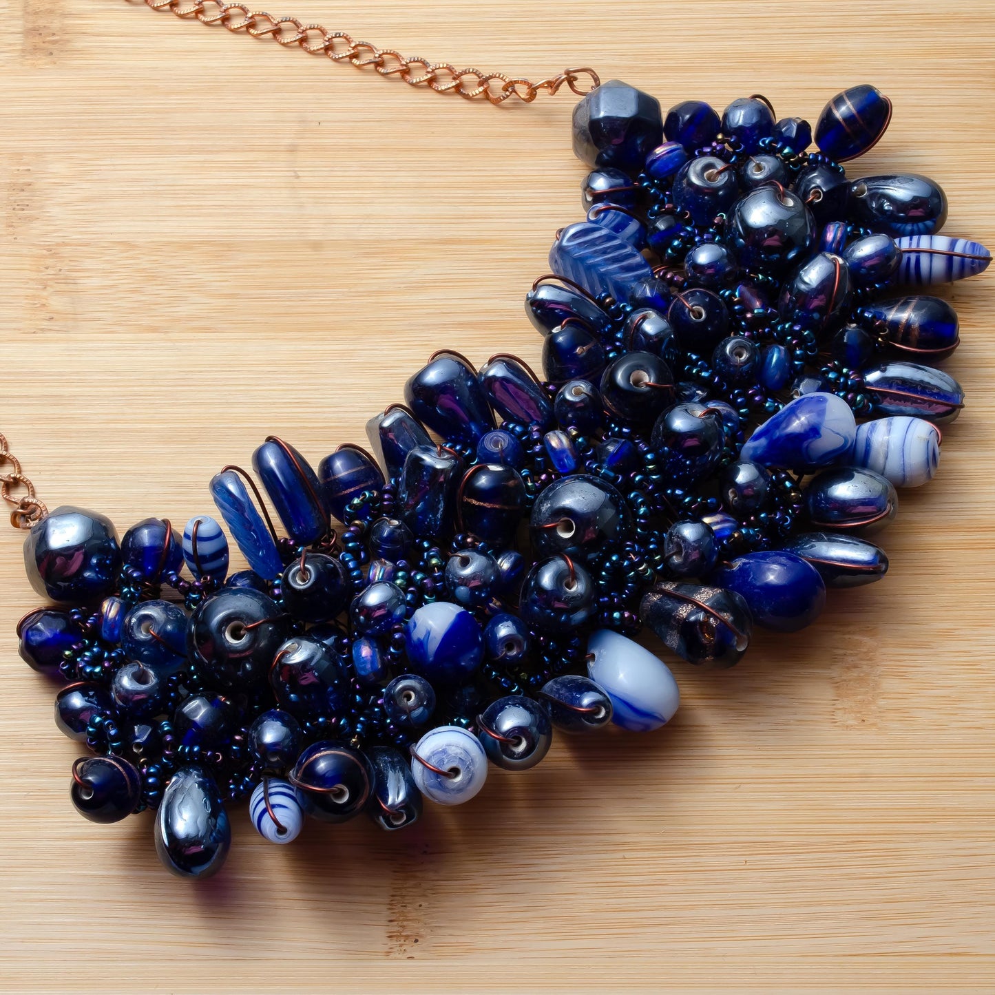 Handmade Blue Beaded Necklace  Glass  Seed Bead Tassel Necklace  Folk Jewelry  Gift for Her