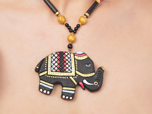 Black Clay Necklace And Baby Elephant Design  Aesthetic Jewelry Set  Statement Earrings  Handmade Clay Necklace
