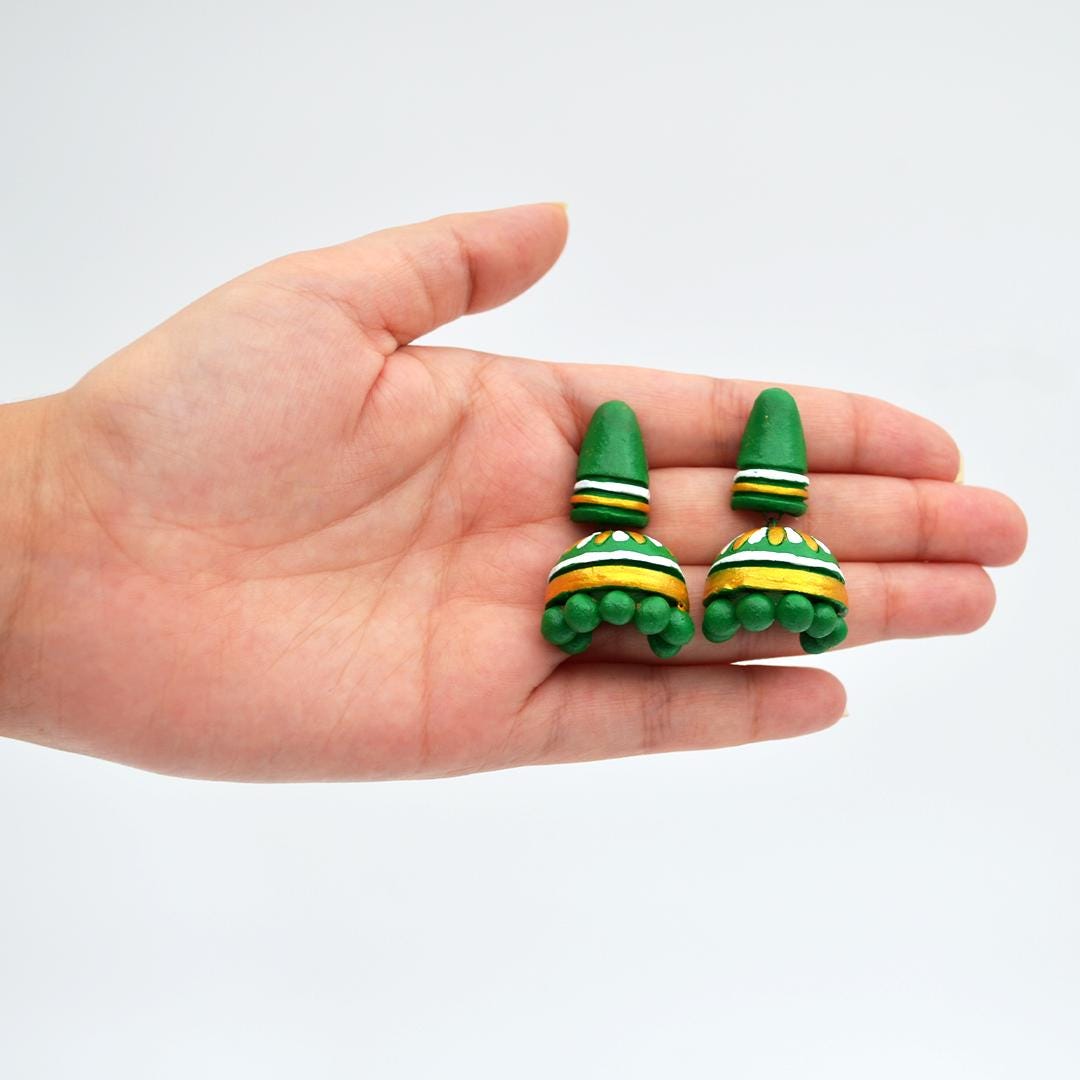 Earthen Clay Green And Blue Tribe Design Set  Small Cute Clay Earrings  Fancy Earrings for Everyday Style