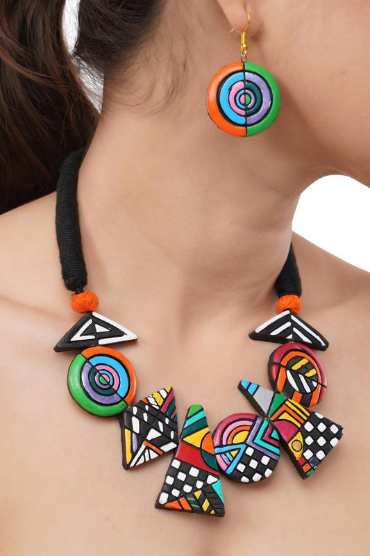 Geometric Necklace Set Handmade Jewelry Hand painted jewelry Clay Jewelry Terracotta Unique  Design, Necklace Set with Earrings
