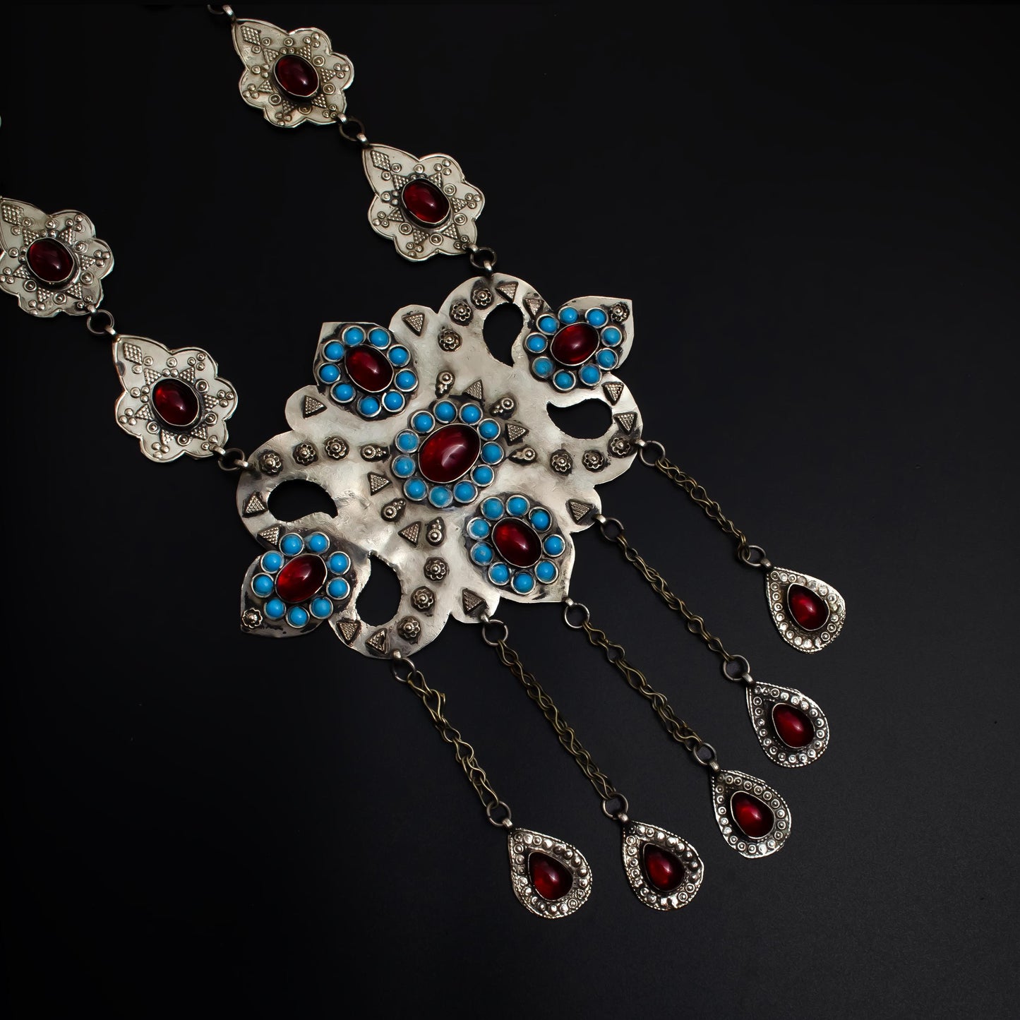 Afghan Long Necklace with Red Stone  Tassels  Bohemian Kuchi Tribal Necklace