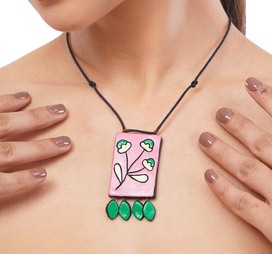 Handmade Pink Clay Jewelry Set  Minimalist Rectangle Necklace with Flower  Leaves  Elegant Pink Jewelry