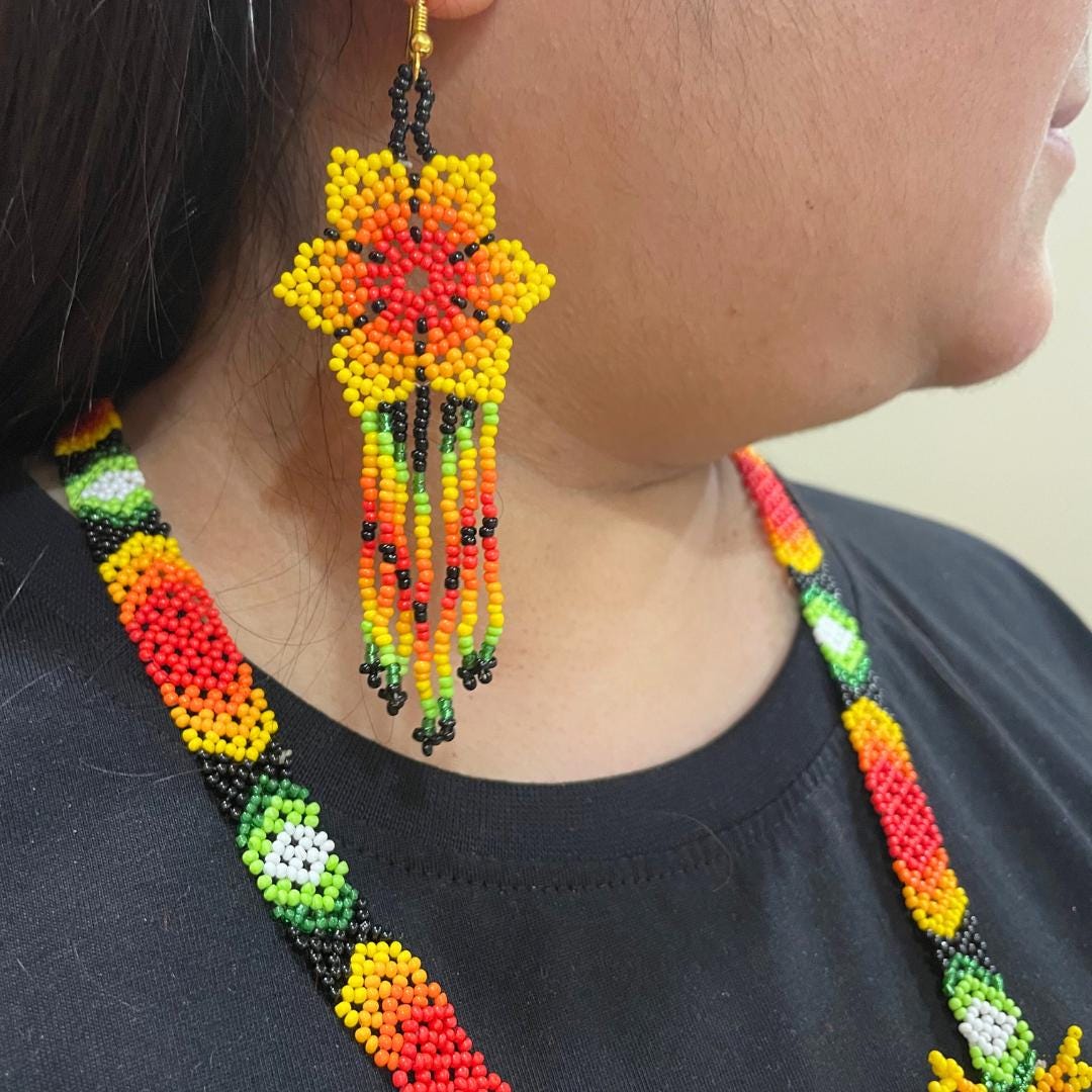 Multicolor Flower Native American Style Beaded Statement Necklace with Fringe Earrings  Flower Necklace