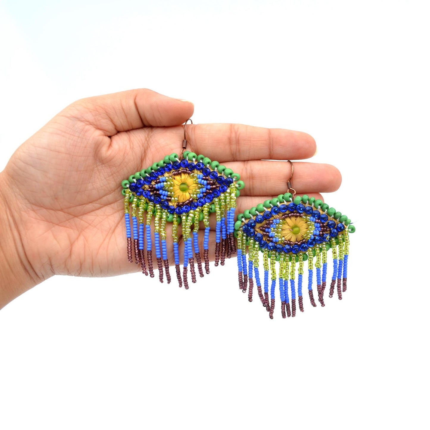 Mystical Evil Eye Seed Beads Earrings  Handcrafted Boho Jewelry  Evil Eye Earrings  Handmade Gift for Her  Fringes Earrings
