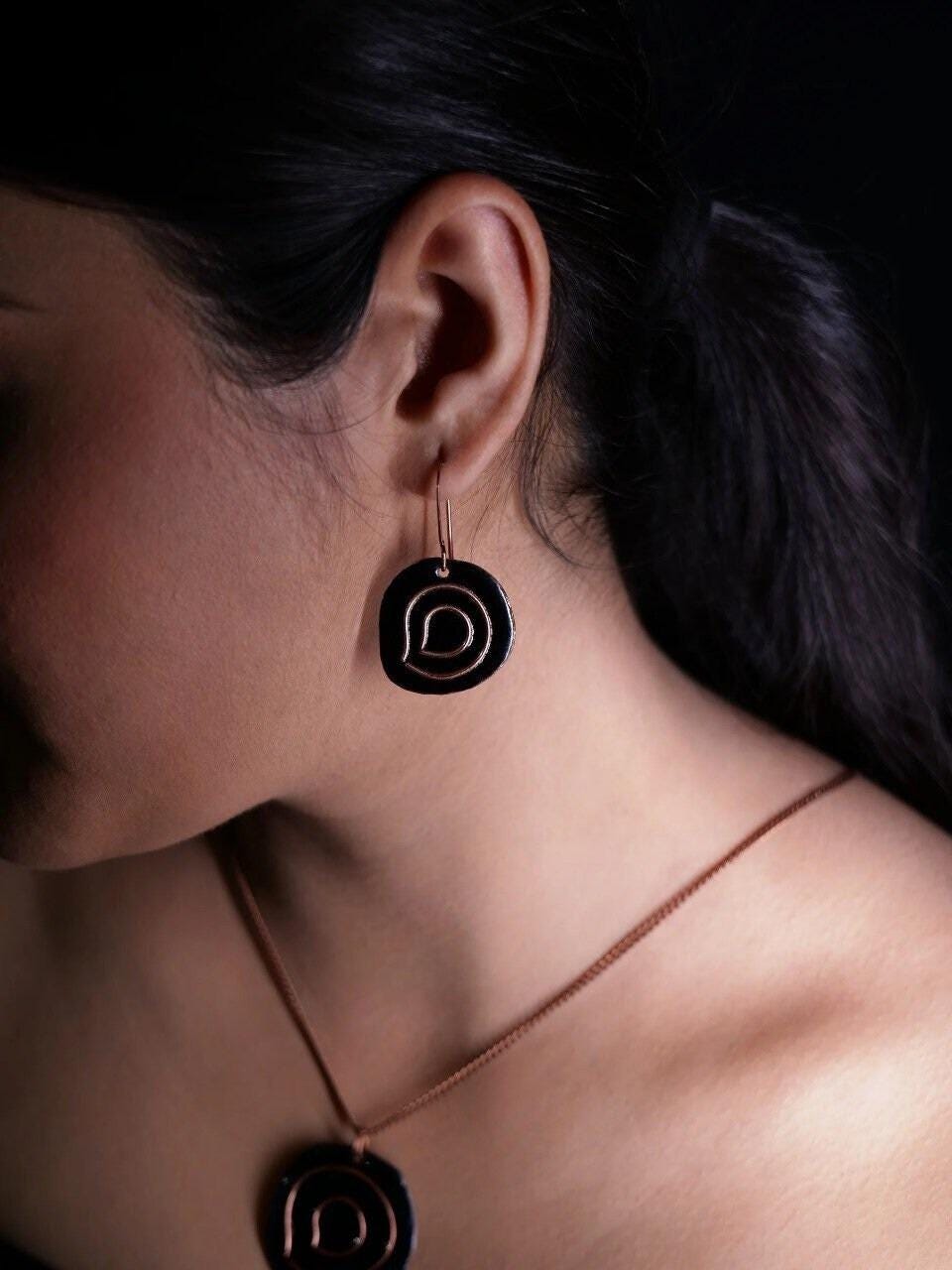 Black Copper Jewelry Set  Boho Minimalist Jewelry  Water Droplet Inspired Lightweight Earrings  Valentine Gift For Wife