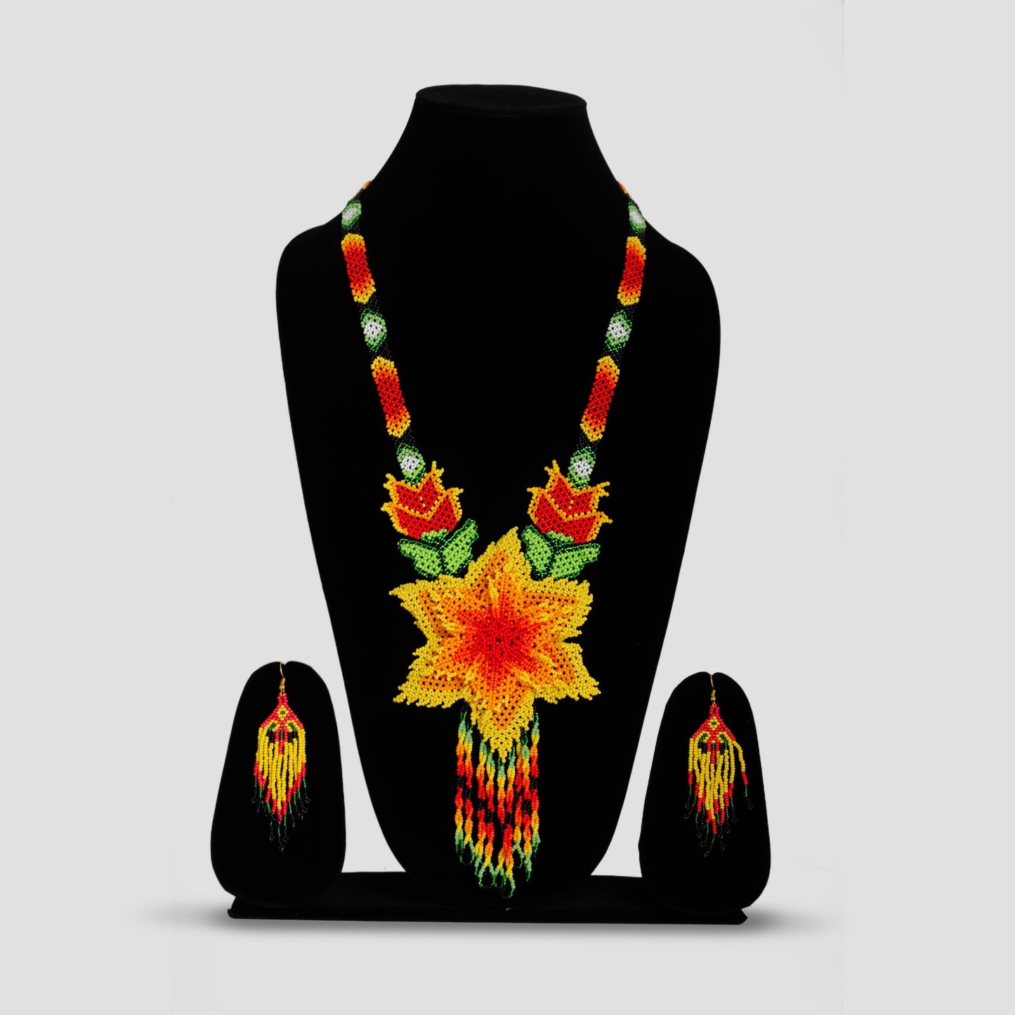 Multicolor Flower Native American Style Beaded Statement Necklace with Fringe Earrings  Flower Necklace