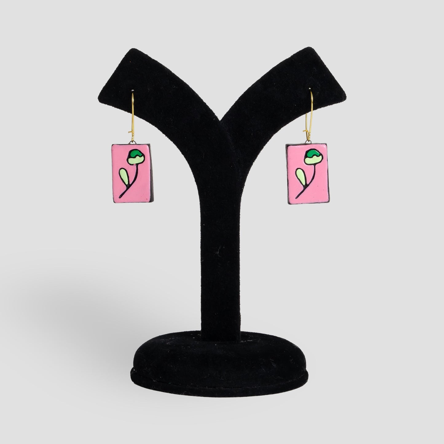 Handmade Pink Clay Jewelry Set  Minimalist Rectangle Necklace with Flower  Leaves  Elegant Pink Jewelry