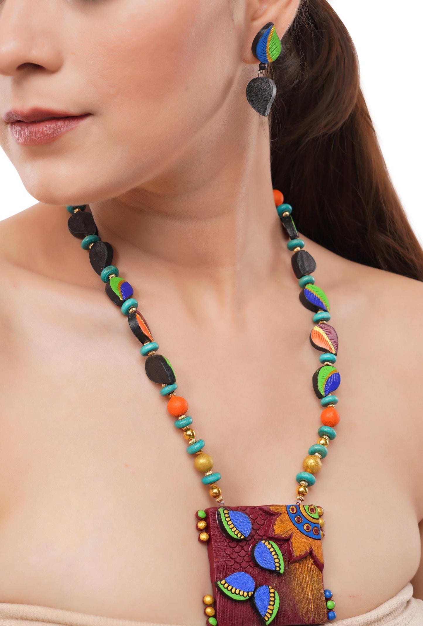 African Tribal Inspired Necklace with Earrings Unique Design Long Necklace Hand Painted Clay Jewelry  Dual Color Earring Terracotta Set