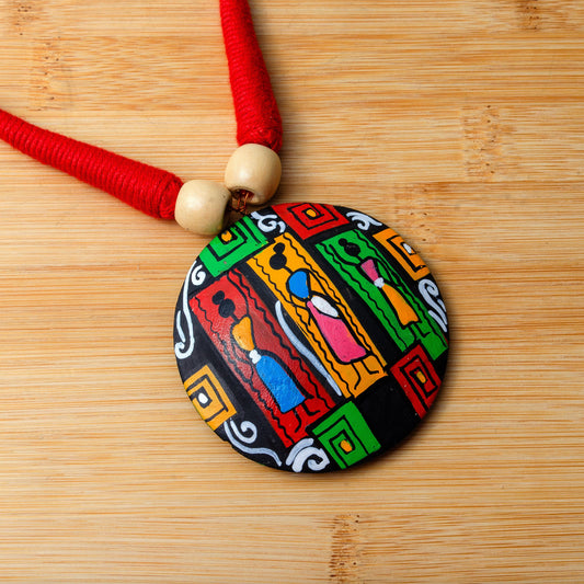 Red Oval Geometric Clay Necklace  Bohemian Earrings  Vibrant Tribal Design Jewelry  Matching Earrings  Hypoallergenic Jewelry Set