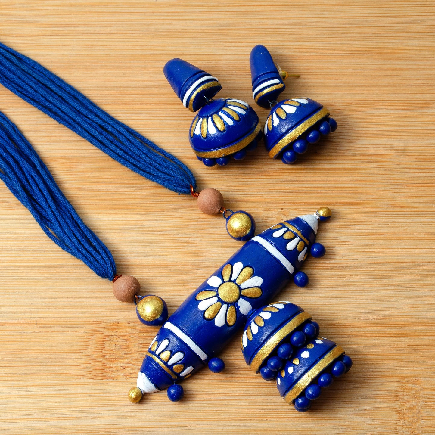 Earthen Clay Green And Blue Tribe Design Set  Small Cute Clay Earrings  Fancy Earrings for Everyday Style