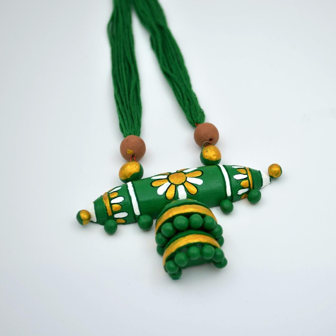 Earthen Clay Green And Blue Tribe Design Set  Small Cute Clay Earrings  Fancy Earrings for Everyday Style