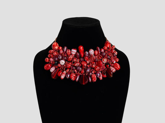 Red Glass Bead Choker Necklace  Handmade Jewelry with Seed Beads  Marble Print  Gift for Her