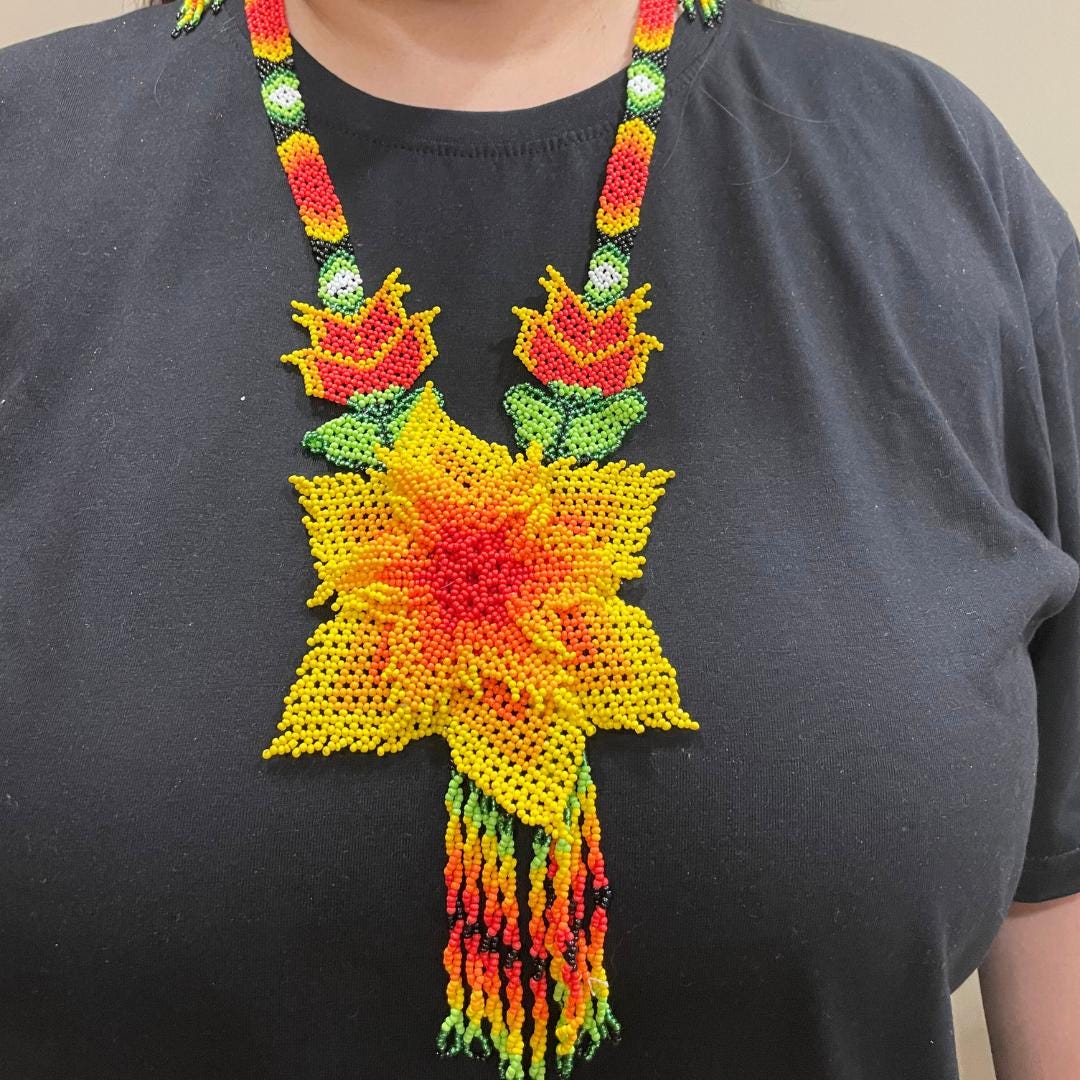 Multicolor Flower Native American Style Beaded Statement Necklace with Fringe Earrings  Flower Necklace