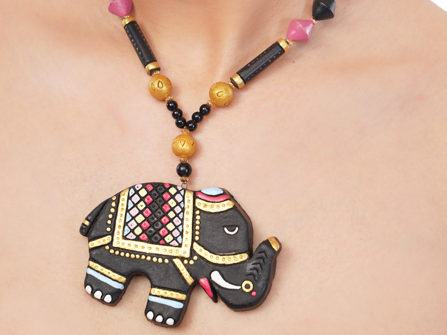 Black Clay Necklace And Baby Elephant Design  Aesthetic Jewelry Set  Statement Earrings  Handmade Clay Necklace
