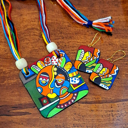Tribal Clay Jewelry Set with Abstract Art  Handmade Statement Earrings  Gifts for Women